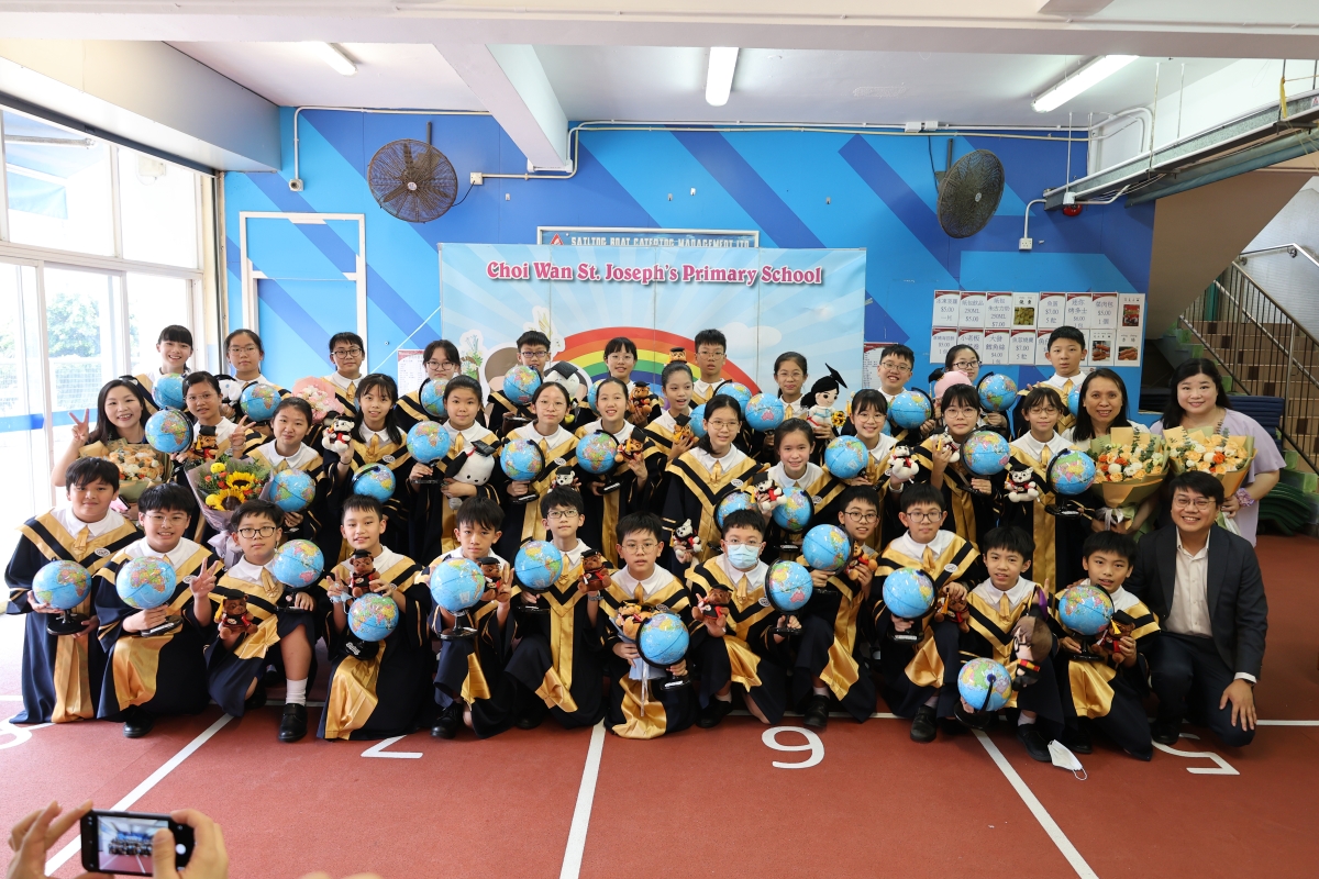 A group of children in uniforms holding globesDescription automatically generated
